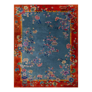 1920s Turquoise Vase Floral Antique Chinese Art Deco Rug 10' 8" X 11' 8" Knotted Wool Carpet