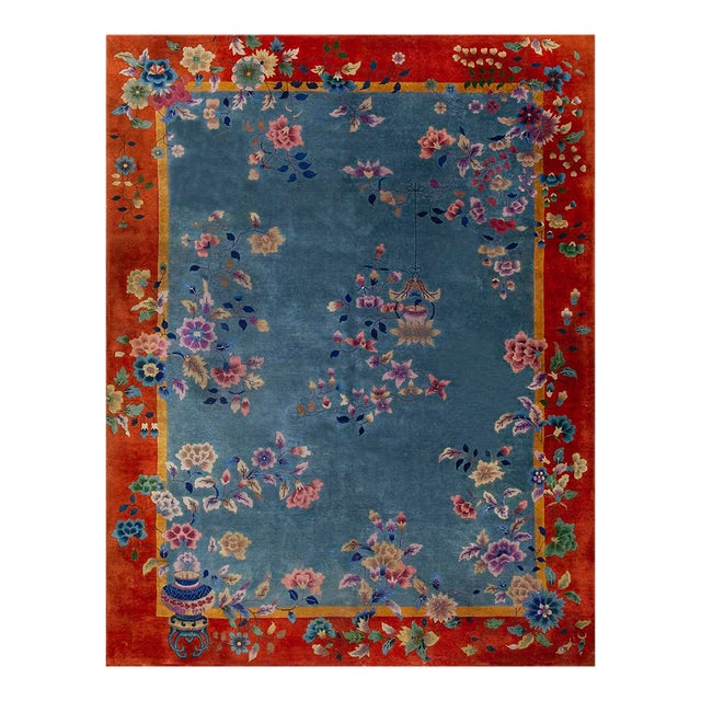 Tranquil and Calming Light Blue Background With Warm Red Field and Magnificent Array of Multicolored Floral Motifs Antique Chinese Art Deco Rug For Sale