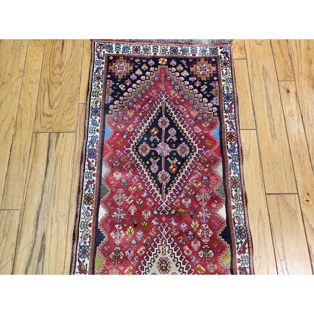Textile Vintage Persian Qashqai Gabbeh Runner Rug, Hand-Knotted Wool, Geometric Medallions Pattern, 2x7, Red & Navy For Sale - Image 7 of 14