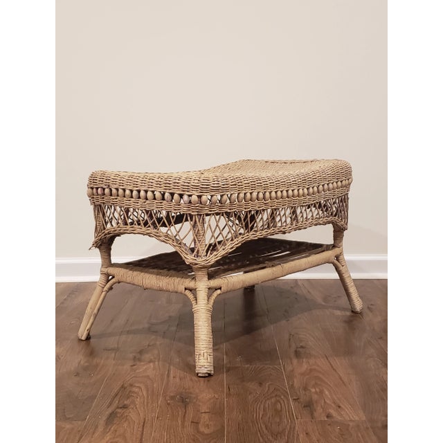 1950s Vintage 2 Tier Wicker Table With Intricate Wood Details in Original Antique Creamy White Paint & a Diamond Design on the Top For Sale - Image 9 of 12
