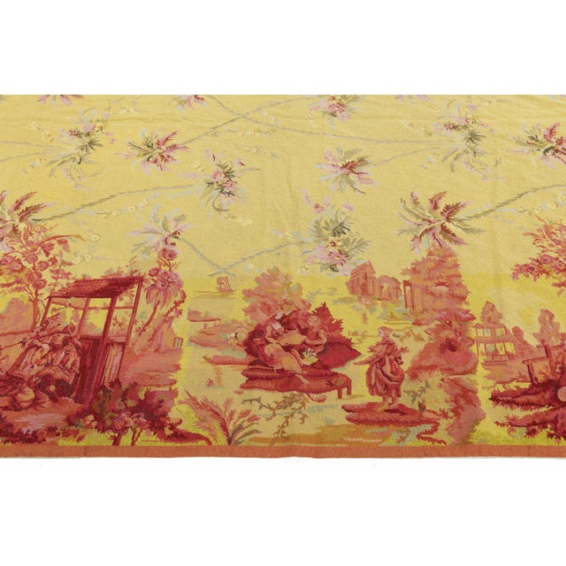 Textile Vintage French Style Needlepoint Yellow Wool Rug With Chinoiserie Toile Border For Sale - Image 7 of 13