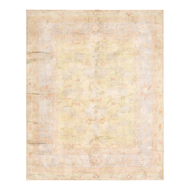 1930s White Cream Floral Antique Indian Cotton Agra Rug 6'4" X 7'10" Handknotted Wool Carpet For Sale