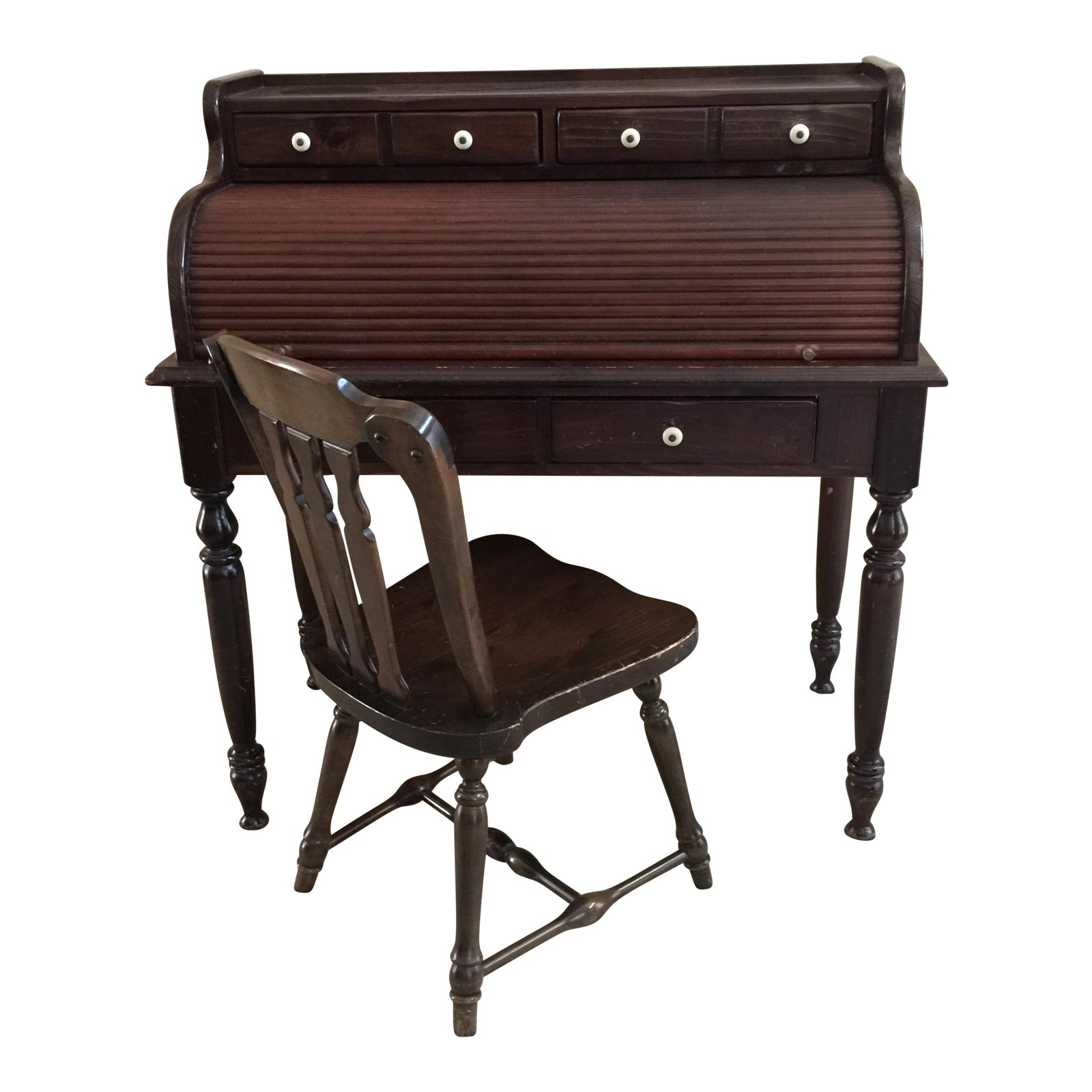 Ethan Allen Old Tavern Antiqued Pine Rolltop Desk & Chair A Pair