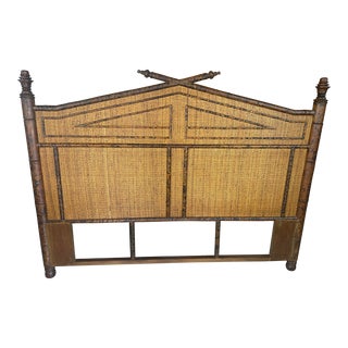 Vintage Burnt Bamboo & Rattan Grasscloth Headboard Queen Size Bed Chinoiserie For Sale