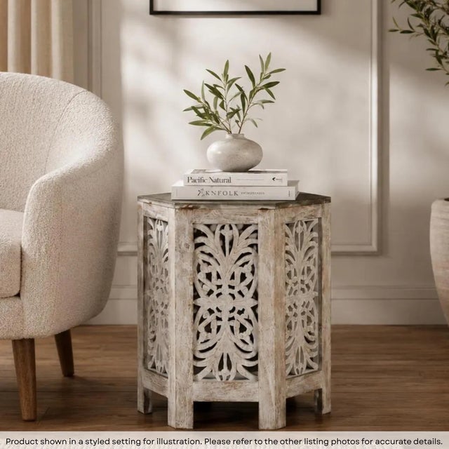 Dimensions: 22" W x 22" D x 24" H This piece is handcrafted by artisans using basic hand tools. Due to the nature of this...