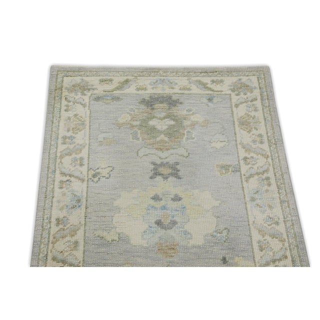 Early 21st Century Blue & Green Floral Design Handwoven Wool Turkish Oushak Rug 2'9" X 10' For Sale - Image 4 of 7