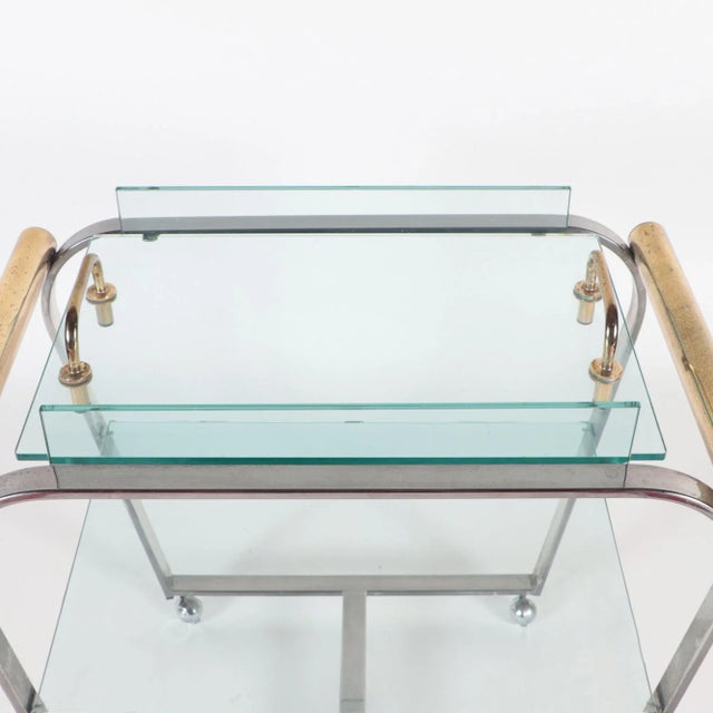 1980s A Chrome and Glass Bar Cart With Brass Details and Removable Tray C 1980. For Sale - Image 5 of 6