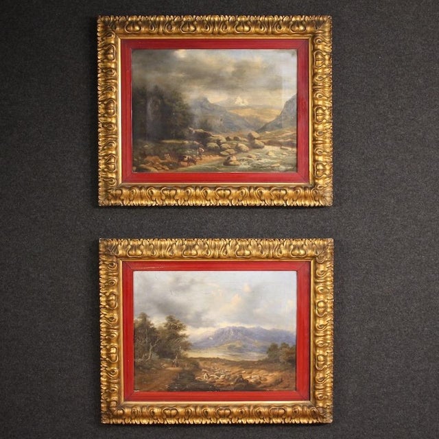 Antique Italian painting dated 1846. Oil on canvas, first canvas, depicting a mountain landscape with a cow and a...