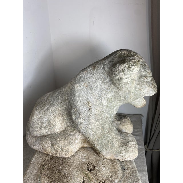 Antique Reclining Lion Sculpture on Base in Carved Stone, 1890s For Sale - Image 17 of 18