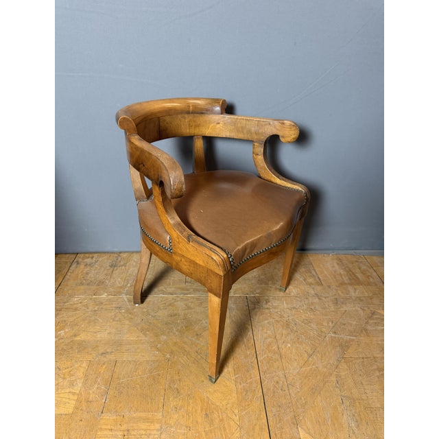 Restoration period office chair with curved arms. Slightly scratched brown vinyl seat. Seat height 48cm