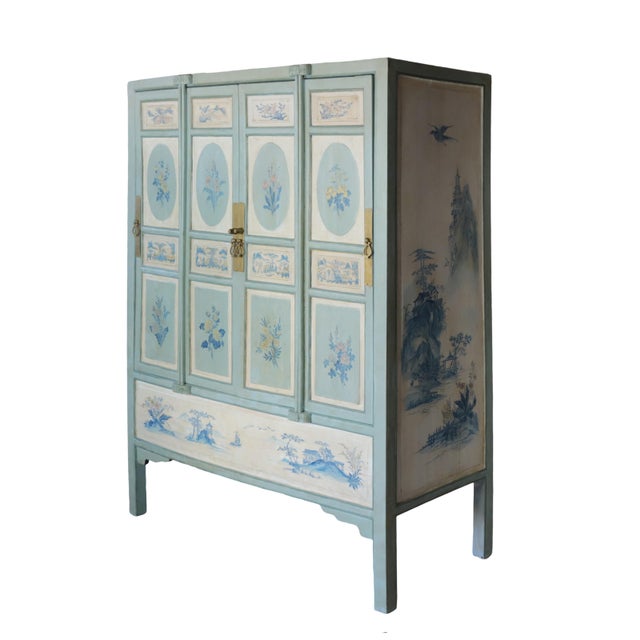 Wood Large Chinese 20th-Century Cabinet With Blue and White Hand-Painted Flowers and Landscape Panels For Sale - Image 7 of 12