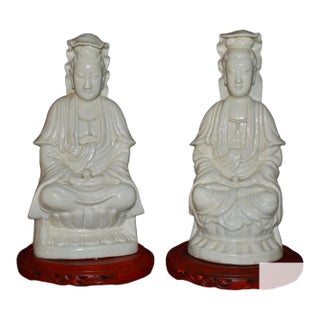 Pair Antique Chinese Blanc De Chine Porcelain Guanyin Statues Dehua Figures For Sale