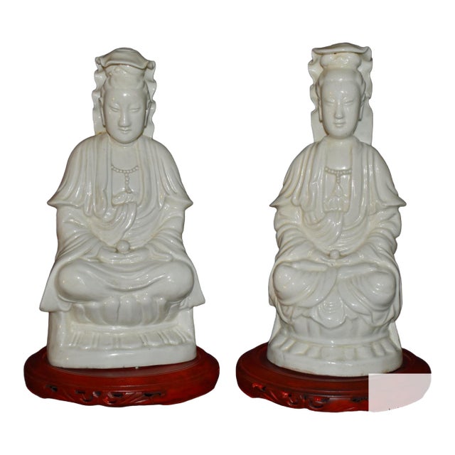 Pair Antique Chinese Blanc De Chine Porcelain Guanyin Statues Dehua Figures For Sale