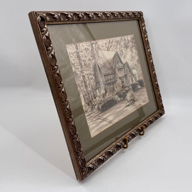 Vintage Framed Pencil Drawing English Cottage Signed Hildreth 1989 A vintage framed pencil drawing depicting a charming...
