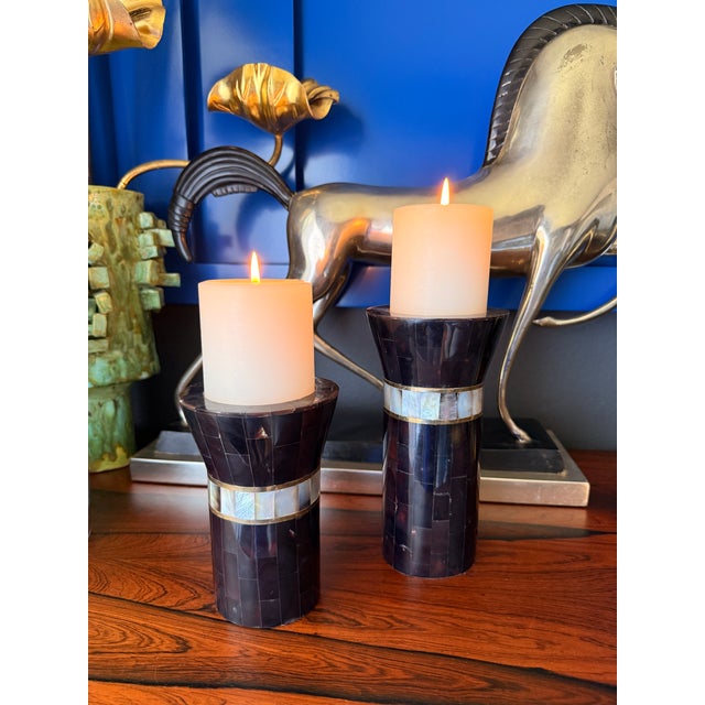 Mid-Century Modern 1980s Pair of Tessellated Horn and Brass Candle Holders For Sale - Image 3 of 12