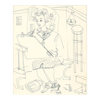 The Artist at Her Easel - Figurative Drawing in Pen on Paper For Sale