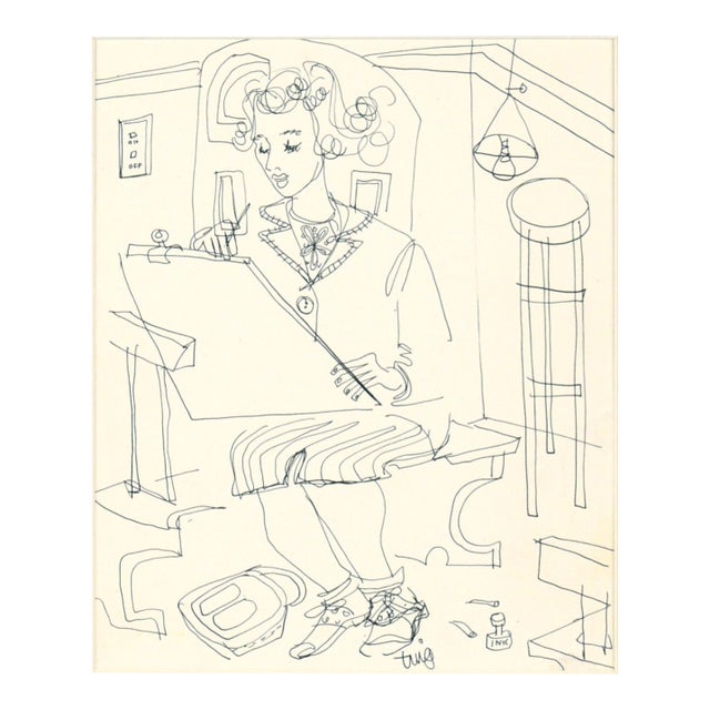 The Artist at Her Easel - Figurative Drawing in Pen on Paper For Sale