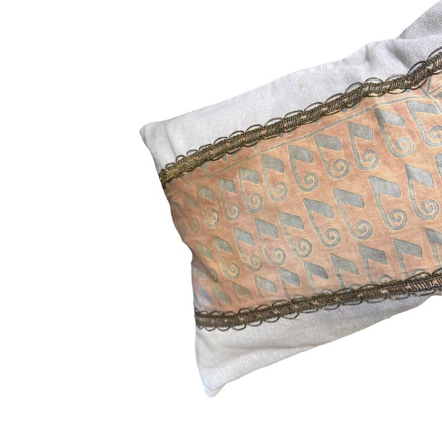 Vintage Italian Line and Fortuny Fabric Pillow with gold metallic braid detail and natural feather filling.