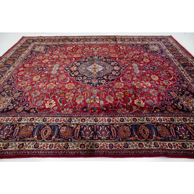 Vintage Mashad Wool Rug Handmade in Red With Rosette Motif From the 1940s For Sale In New York - Image 6 of 10