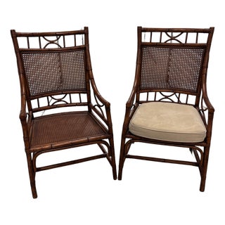 Late 20th Century Pair of Faux Bamboo and Wicker Accent or Dining Chairs With Cushions For Sale