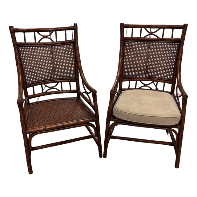Late 20th Century Pair of Faux Bamboo and Wicker Accent or Dining Chairs With Cushions For Sale