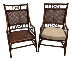 Late 20th Century Pair of Faux Bamboo and Wicker Accent or Dining Chairs With Cushions