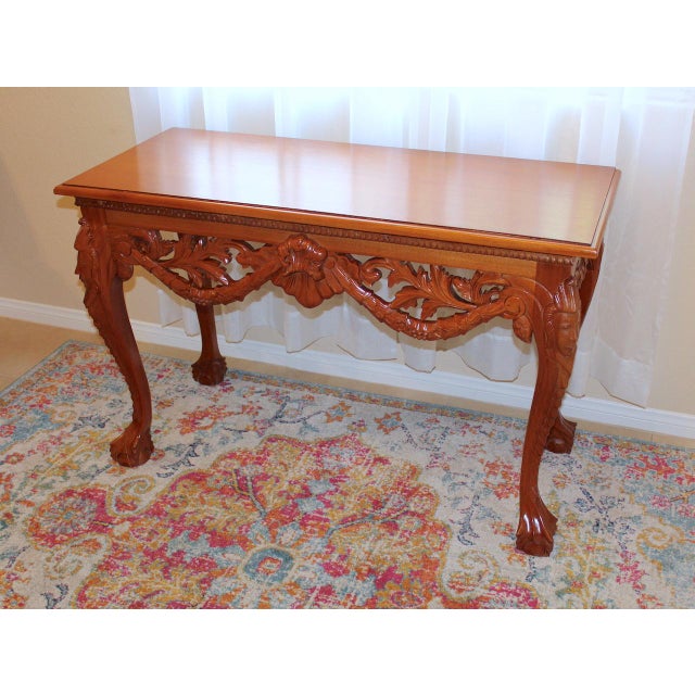 1950s Vintage Mahogany Console Table - Hand-Carved Chippendale Style With Claw Feet & Ornate Details For Sale - Image 4 of 12