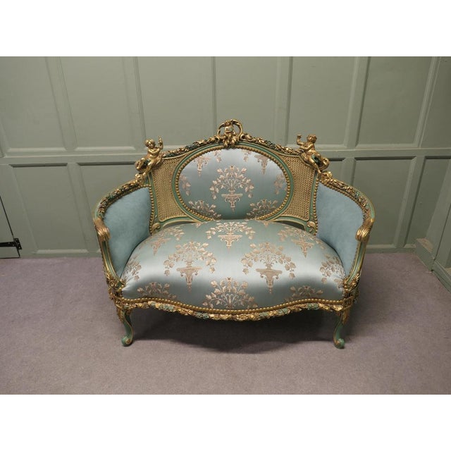 French Green and Gold Boudoir Settee, Silk Love Seat This Stunning French Sofa is in the Rococo style and is decorated...