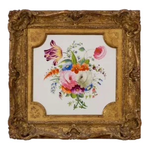 Early 19th Century English Regency Porcelain Hand Painted Botanical Wall Plaque in Gilt Wood Frame