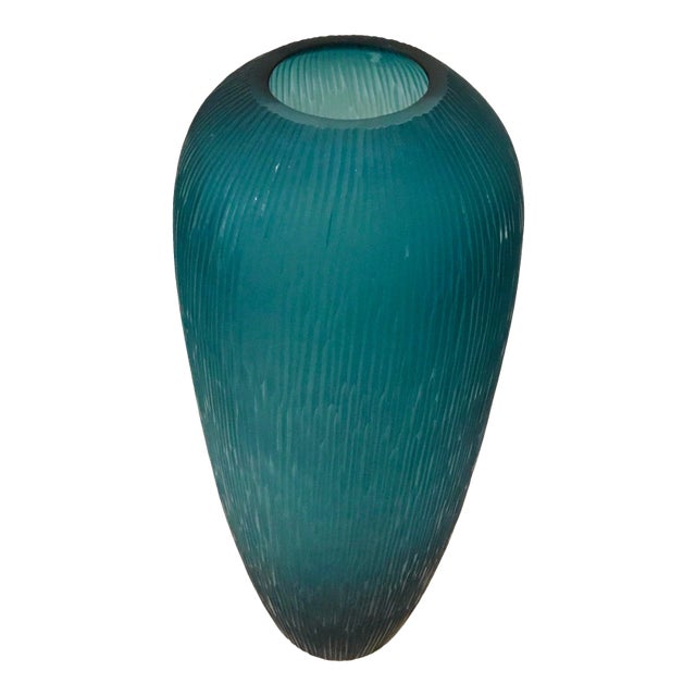 Tall Modern Etched Blue Glass Vase For Sale