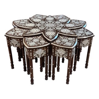 1990s Mother of Pearl Inlay Flower Shape Coffee Table With 8 Stools For Sale
