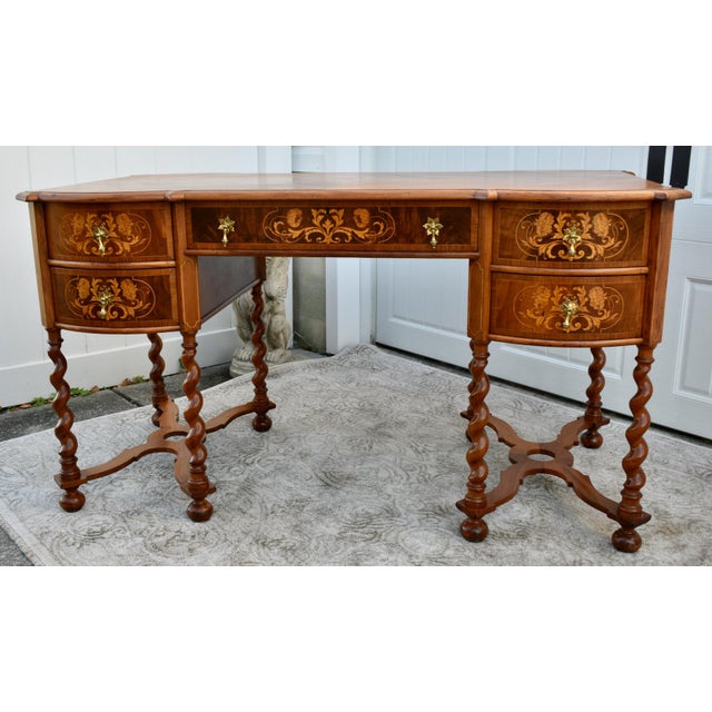 Antique Dutch Marquetry Walnut Desk W/Barley Twist Legs | Chairish