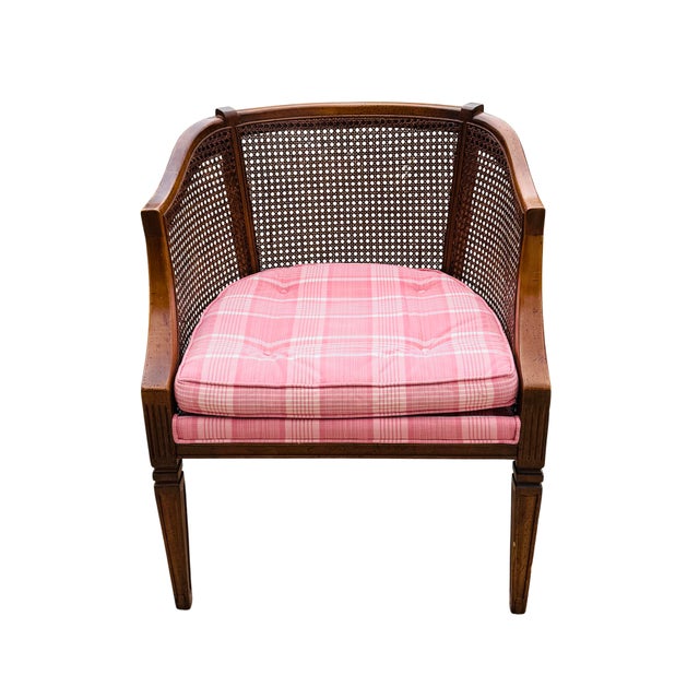 Late 20th Century Vintage Mid-Century Modern Cane Barrel-Back Armchair | Hollywood Regency Neoclassical Revival | Tufted Pink Plaid Upholstery For Sale - Image 5 of 18