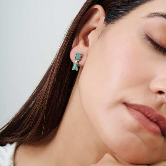 Metal Art Deco Inspired Certified Natural Emerald 2 Stone Drop Earrings With Diamond Accents, a Pair For Sale - Image 7 of 11