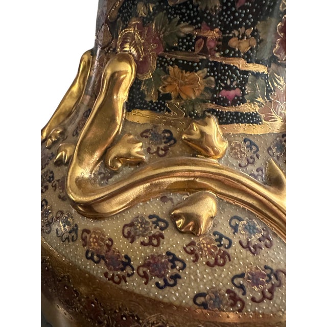 Ceramic Vintage Royal Satsuma-Style Hand-Painted Porcelain Floor Vase With Gilt Dragon Handles For Sale - Image 7 of 12