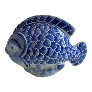 Vintage Chinoiserie Blue White Porcelain Ceramic Fish Statue For Sale