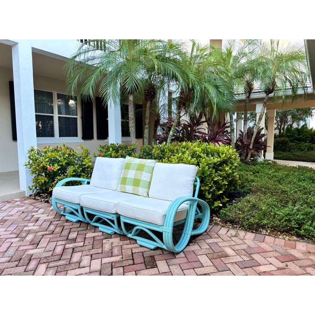 Paul Frankl Mid-Century Bamboo Pretzel Sofa in Robin Egg Blue With New Restoration Hardware Outdoor Cushions for a Modern Appeal and Comfort. 3 Sections For Sale - Image 4 of 10