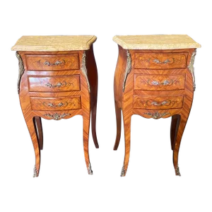 French Louis XV Marble Topped Marquetry Night Stands or Side Tables -A Pair