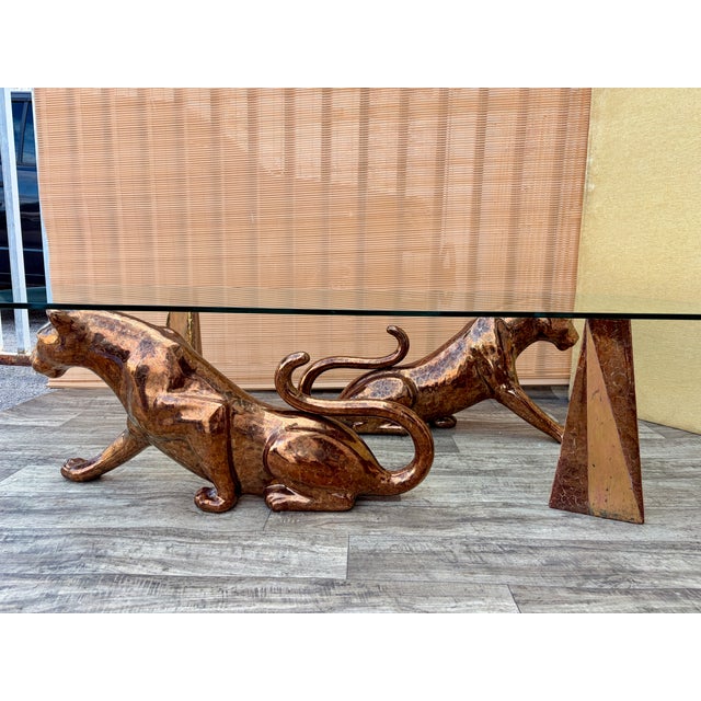 Mid-Century Modern Hollywood Regency Mottled Bronze Ceramic Panthers Pedestal Coffee Table. Circa 1970s For Sale - Image 3 of 15