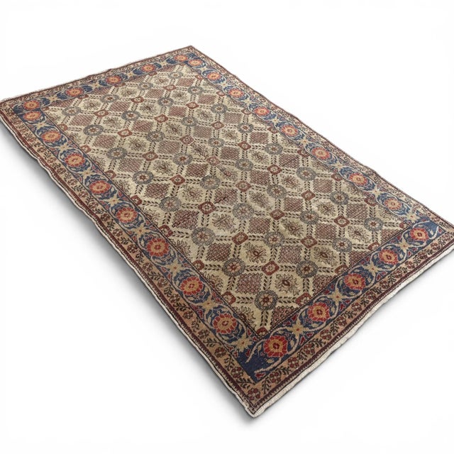 Turkish Antique Cappadocia Turkish Rug 4x7 – Diamond Floral Geometric Design in Red & Blue For Sale - Image 3 of 5