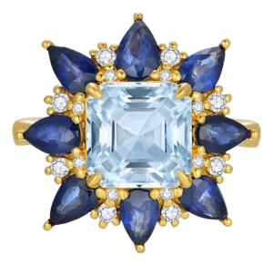 Nina Zhou Margaret Aquamarine Sapphire Diamond Cocktail Ring in 14k Yellow Gold, Size 6