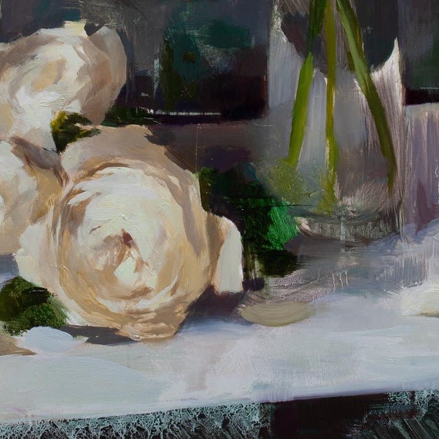 Wood Contemporary Roses on Grey by Jon Doran | Oil on Panel White Roses in Glass Still Life For Sale - Image 7 of 10