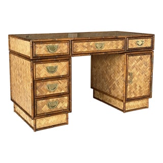 1970’s Coastal Woven Reed Faux Bamboo Three Piece Executive Desk For Sale