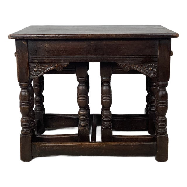 Vintage Tudor Revival Nesting Tables – Set of Three English Style Side Tables For Sale
