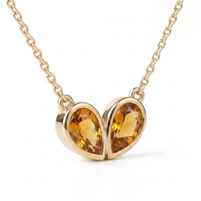 Contemporary Natural Citrine Handmade Necklace • Twin Stone Gemstone Heart Necklace • November Birthstone Jewelry For Sale - Image 3 of 4