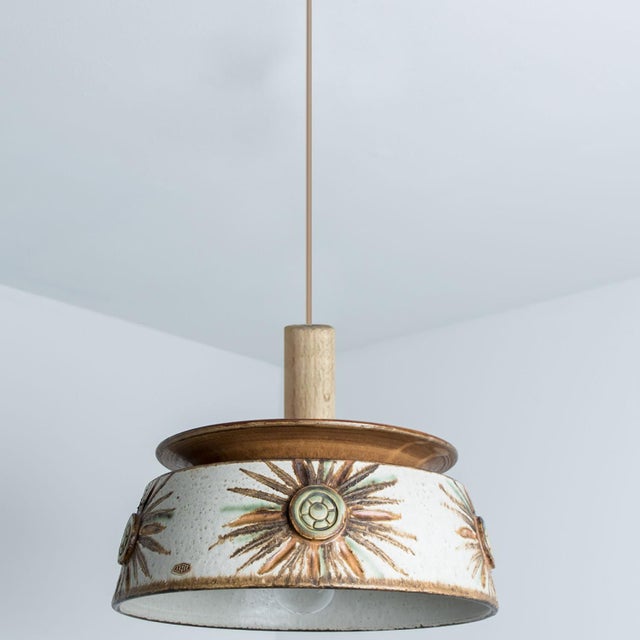 Ceramic Flat Round Brown Ceramic Pendant Light, Denmark, 1970 For Sale - Image 7 of 17