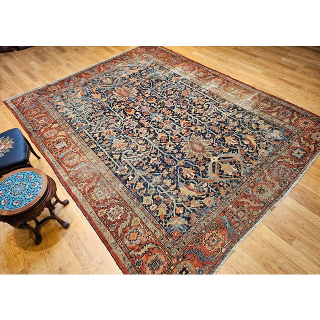 Antique Persian Heriz Serapi Rug, Hand-Knotted Wool, Allover Tree of Life Pattern, Blue & Brick-Red, 9x12 For Sale - Image 12 of 18