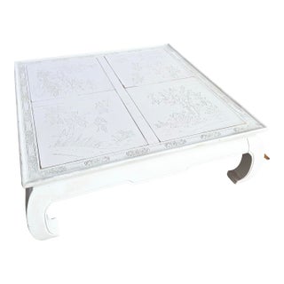 Vintage Ming Style White Carved Coffee Table For Sale