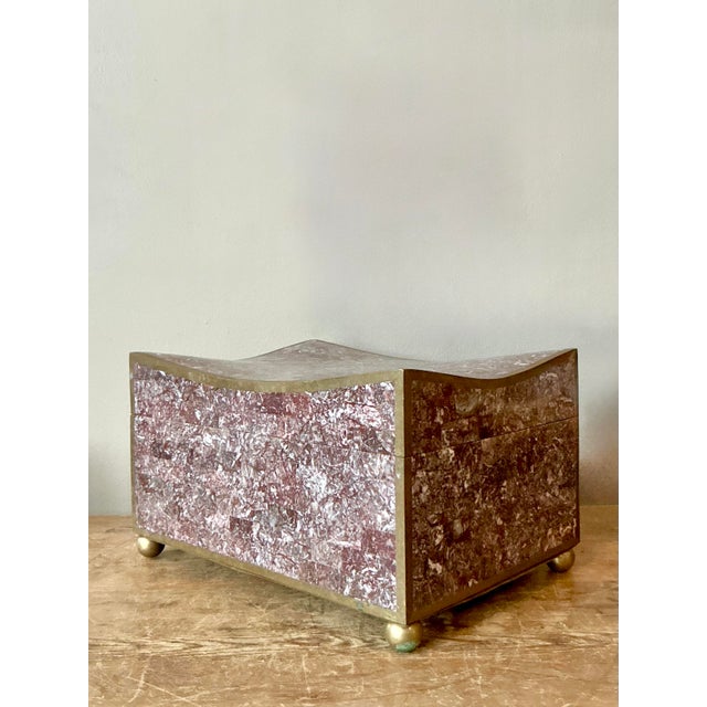 Art Deco Vintage Boho Brass Trimmed Tessellated Stone Box For Sale - Image 3 of 7