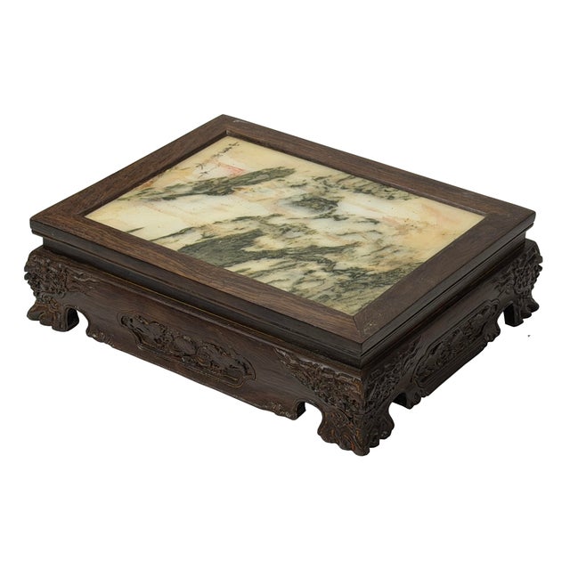 This exquisite vintage tabletop display stand features a framed natural landscape marble panel inset into a rich, dark...